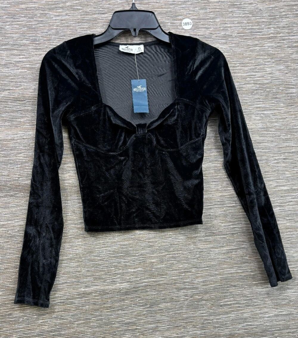 Hollister Black Velvet Crop Top Long Sleeve Whimsigoth Size XS NEW